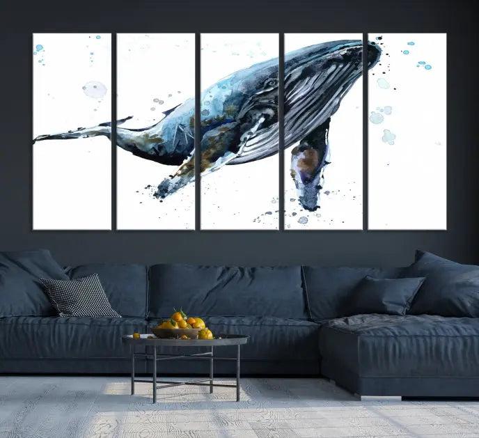 The elegant Watercolor Whale Wall Art Canvas Print adds museum-quality charm to the dimly lit living room. Each ready-to-hang canvas is coated with UV protection, preserving its vivid allure for years to come.