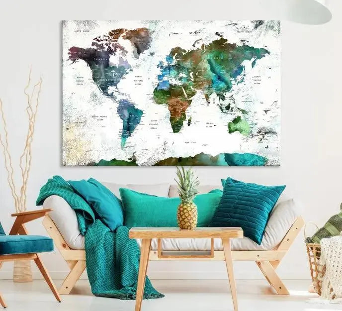 A cozy living room showcasing the Watercolor World Map Canvas Print.