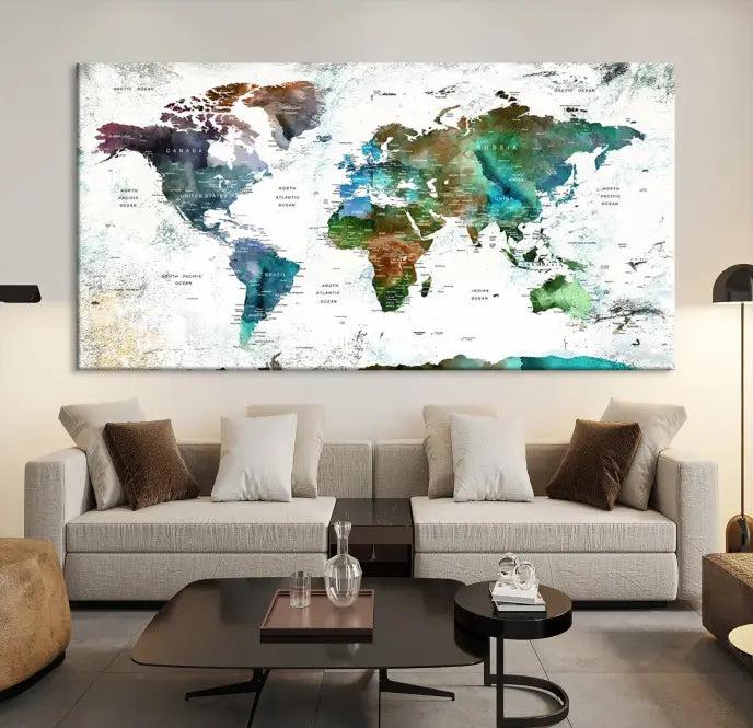 A cozy living room showcasing the Watercolor World Map Canvas Print.