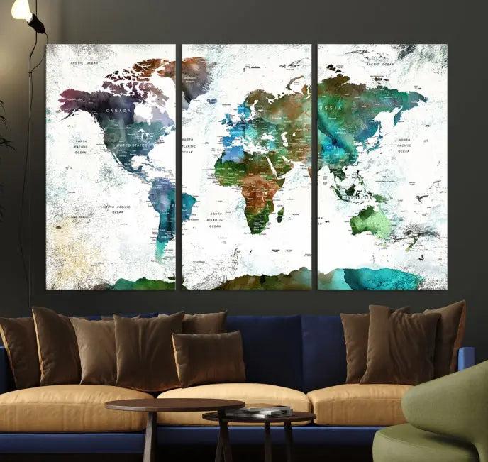 A cozy living room showcasing the Watercolor World Map Canvas Print.