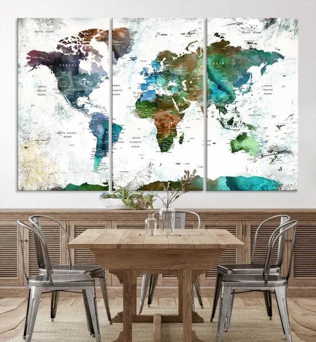 A cozy living room showcasing the Watercolor World Map Canvas Print.