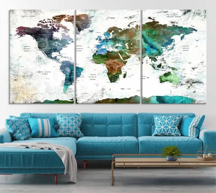 A cozy living room showcasing the Watercolor World Map Canvas Print.