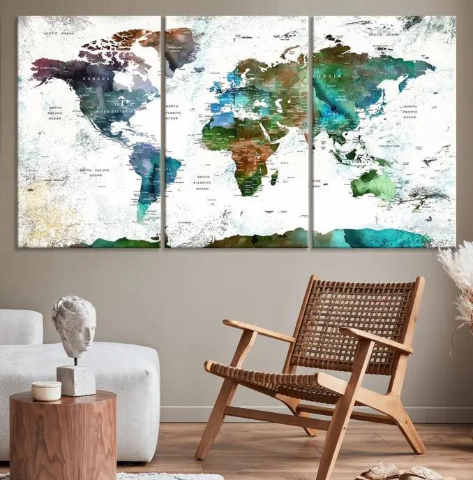 A cozy living room showcasing the Watercolor World Map Canvas Print.