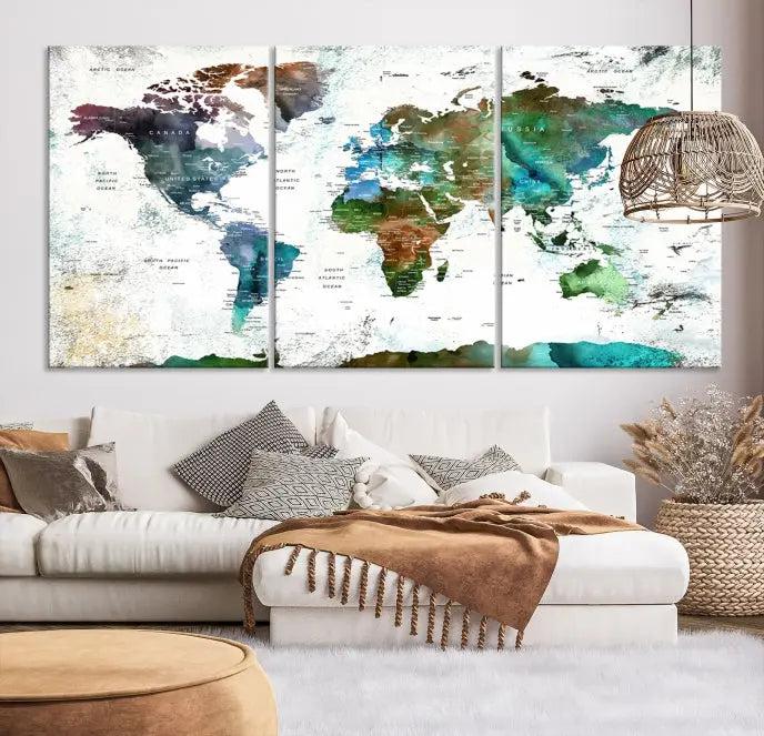 A cozy living room showcasing the Watercolor World Map Canvas Print.