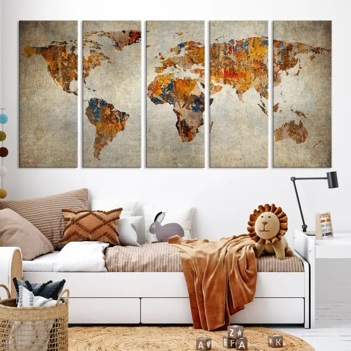 A triptych of Watercolor World Map Canvas Wall Art Prints is displayed in a dimly lit room.