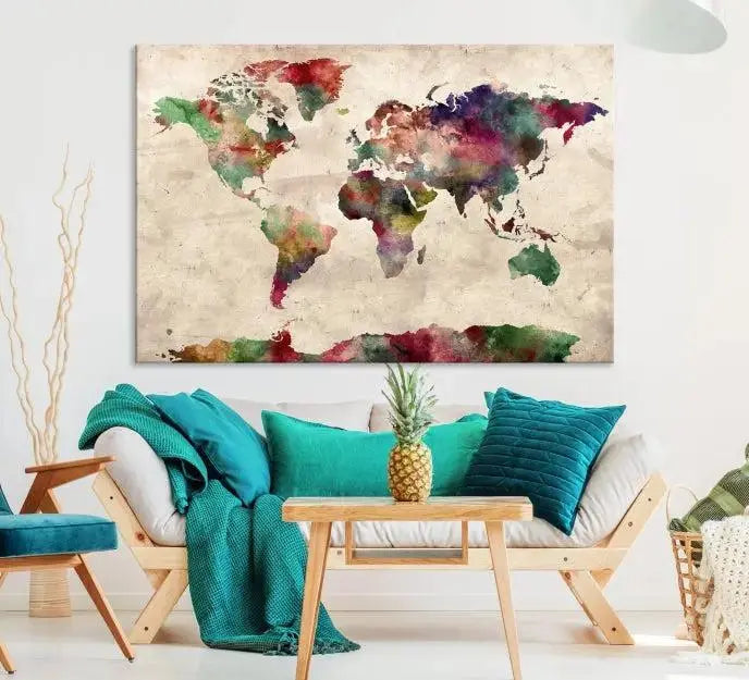 A triptych of the Watercolor World Map Wall Art Canvas Print, crafted on museum-quality polycotton canvas with UV-protective coating for lasting vibrancy, enhances the space in this modern room. Ready to hang and admire, it adds an artistic touch to any setting.