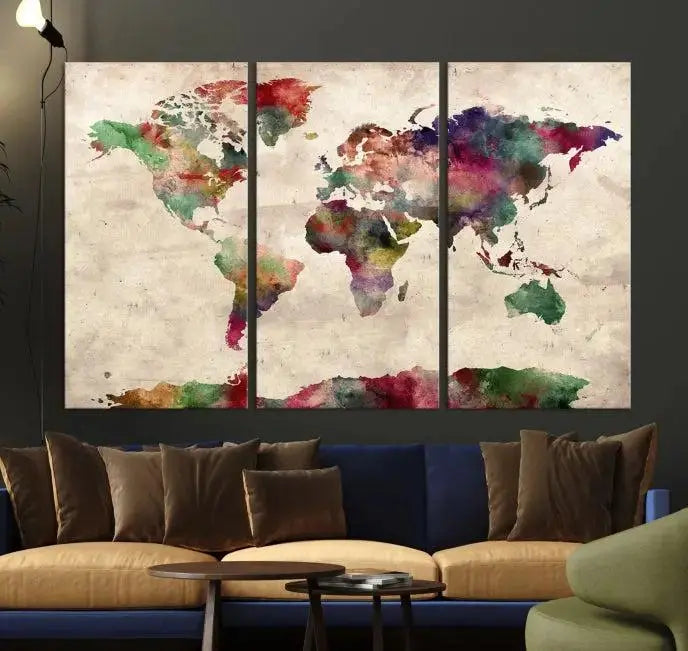 Watercolor World Map Wall Art Canvas Print 