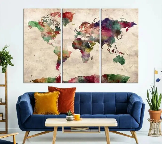 Watercolor World Map Wall Art Canvas Print 