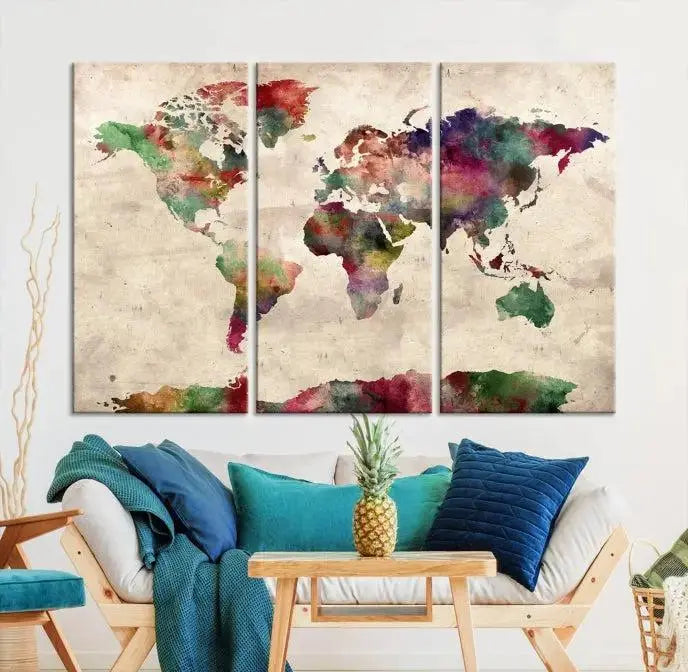 Watercolor World Map Wall Art Canvas Print 