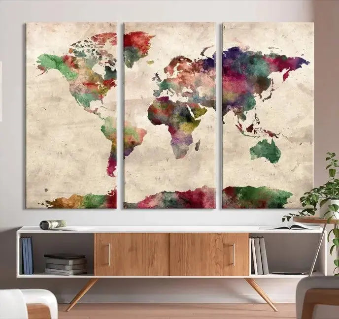 Watercolor World Map Wall Art Canvas Print 