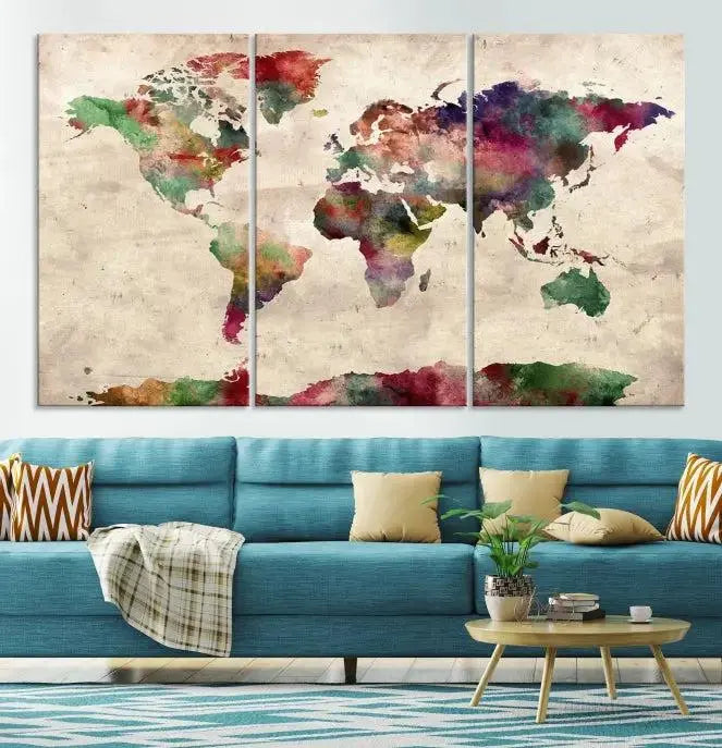 Watercolor World Map Wall Art Canvas Print 