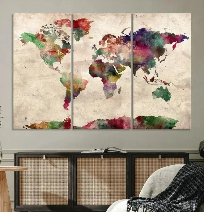 Watercolor World Map Wall Art Canvas Print 