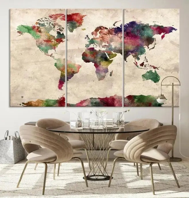 Watercolor World Map Wall Art Canvas Print 