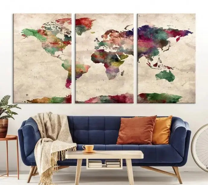 Watercolor World Map Wall Art Canvas Print 