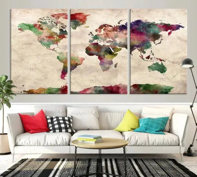 Watercolor World Map Wall Art Canvas Print 