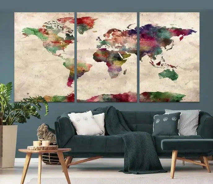 Watercolor World Map Wall Art Canvas Print 