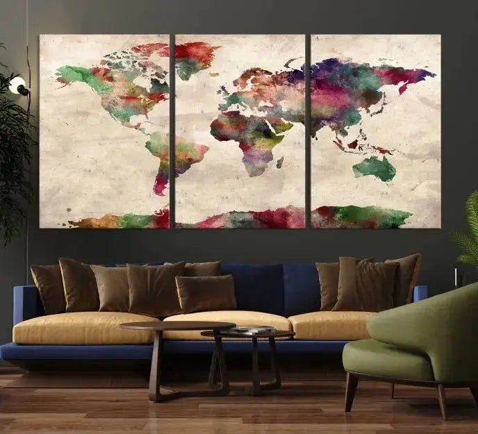 Watercolor World Map Wall Art Canvas Print 