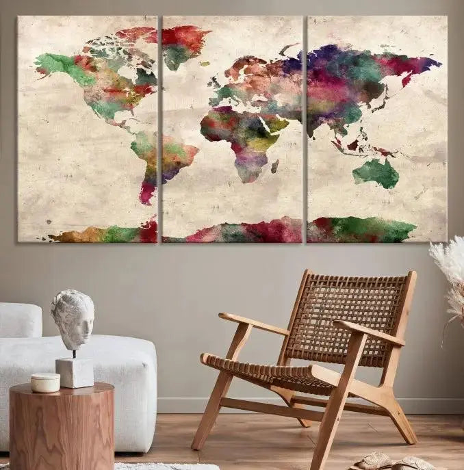 Watercolor World Map Wall Art Canvas Print 