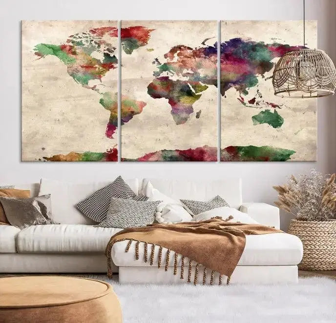 Watercolor World Map Wall Art Canvas Print 