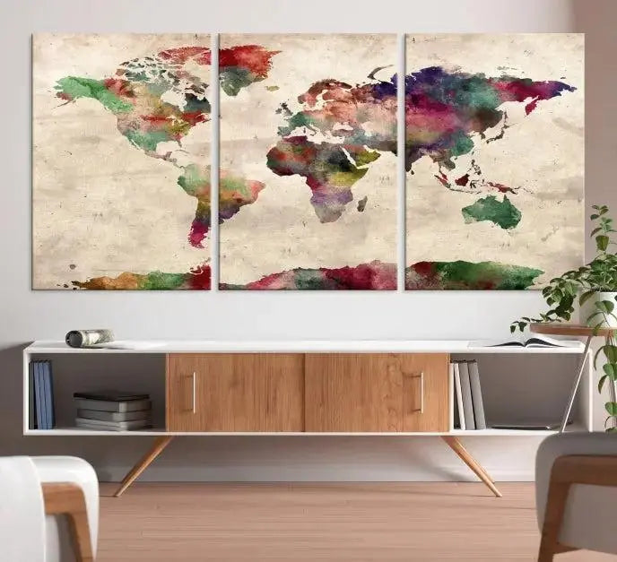 Watercolor World Map Wall Art Canvas Print 