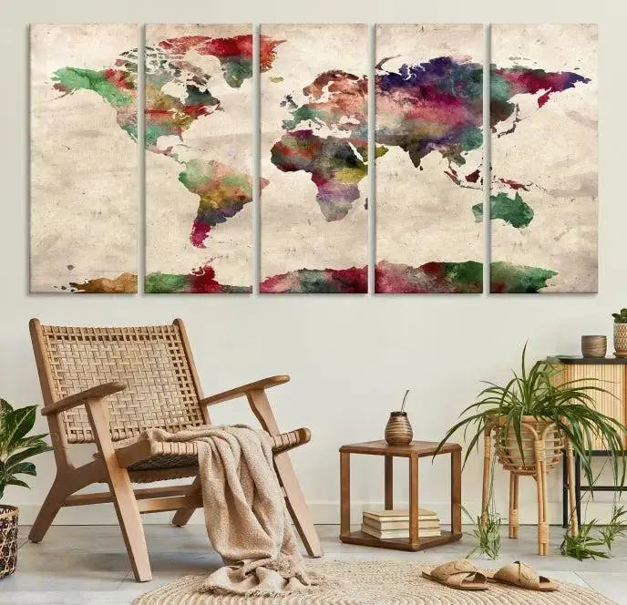 Watercolor World Map Wall Art Canvas Print 