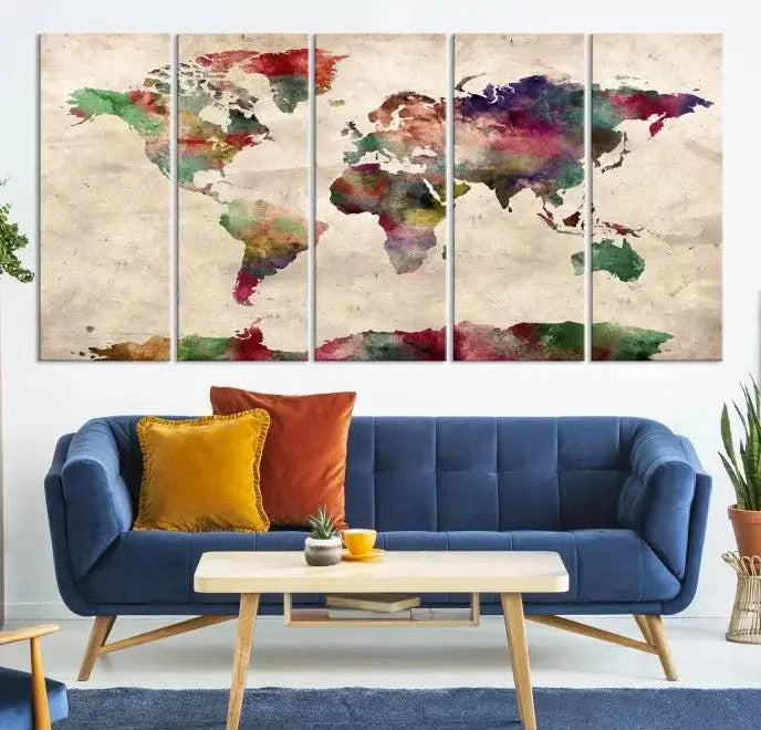 Watercolor World Map Wall Art Canvas Print 