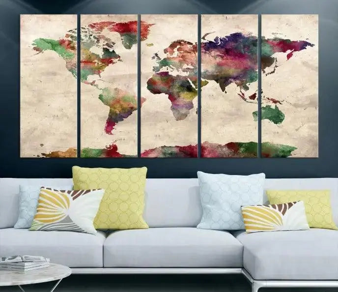 Watercolor World Map Wall Art Canvas Print 