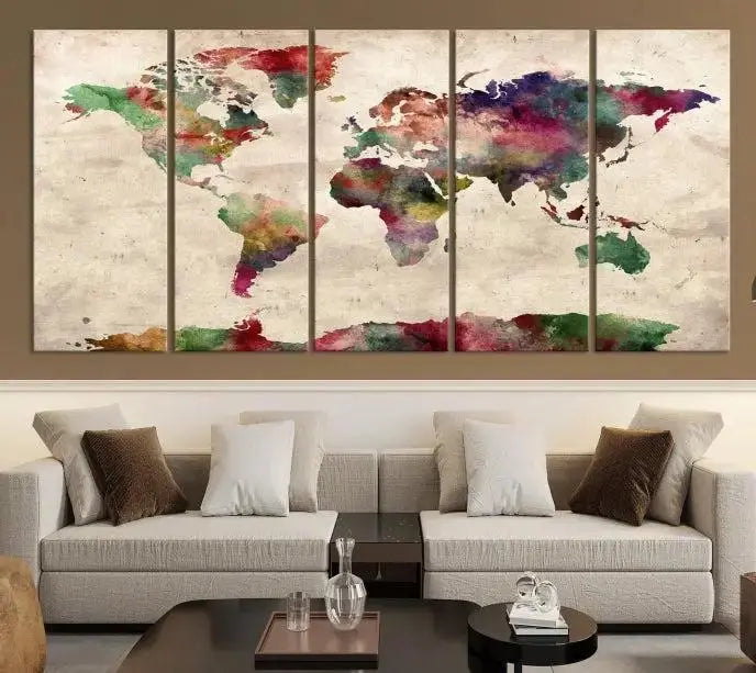 Watercolor World Map Wall Art Canvas Print 