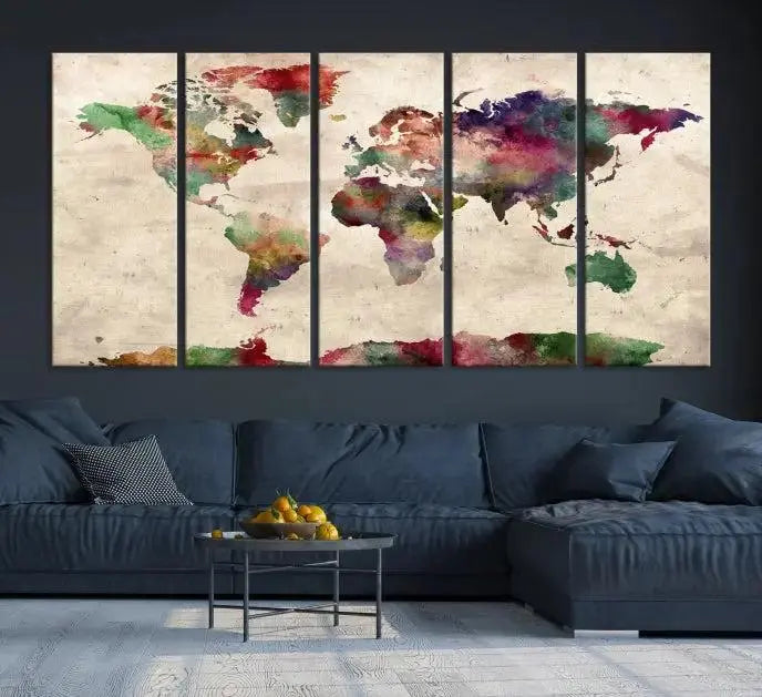 Watercolor World Map Wall Art Canvas Print 