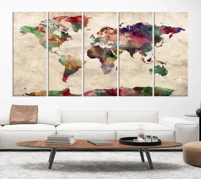 Watercolor World Map Wall Art Canvas Print 