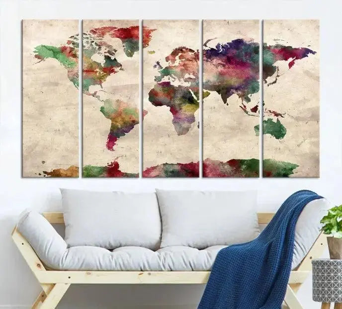 Watercolor World Map Wall Art Canvas Print 