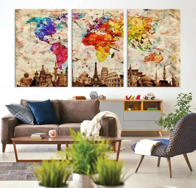 Living room with a hand-assembled and framed three-piece Watercolor World Map Wall Art Canvas Print on the wall.