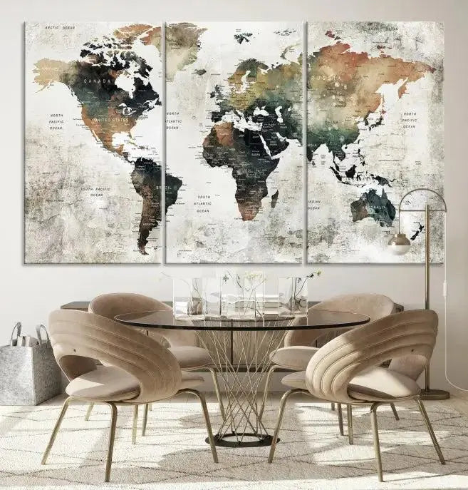 The dark wall is elegantly adorned with the Watercolor World Map Wall Art Canvas Print in a triptych style. Each canvas features a UV-protective coating and is ready to hang, seamlessly blending sophistication with practicality.