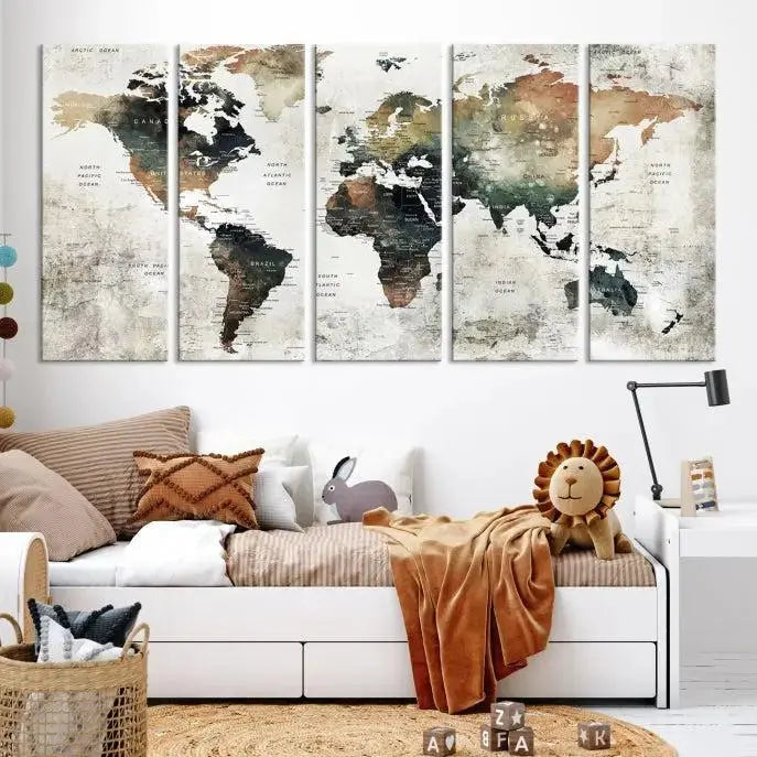 The dark wall is elegantly adorned with the Watercolor World Map Wall Art Canvas Print in a triptych style. Each canvas features a UV-protective coating and is ready to hang, seamlessly blending sophistication with practicality.