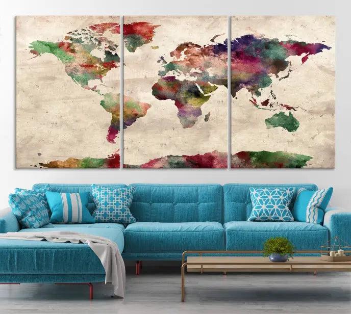 Watercolor World Map Wall Art Canvas Print 