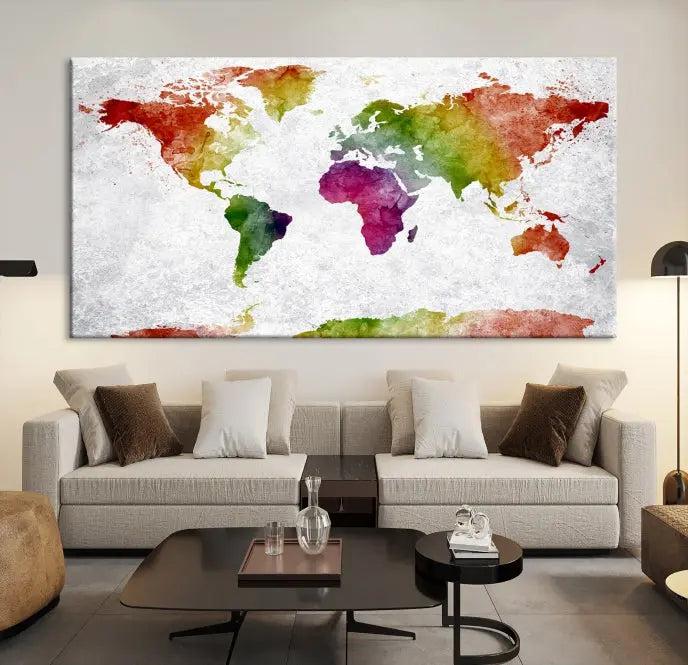 Watercolor World Map Wall Art Canvas Print 