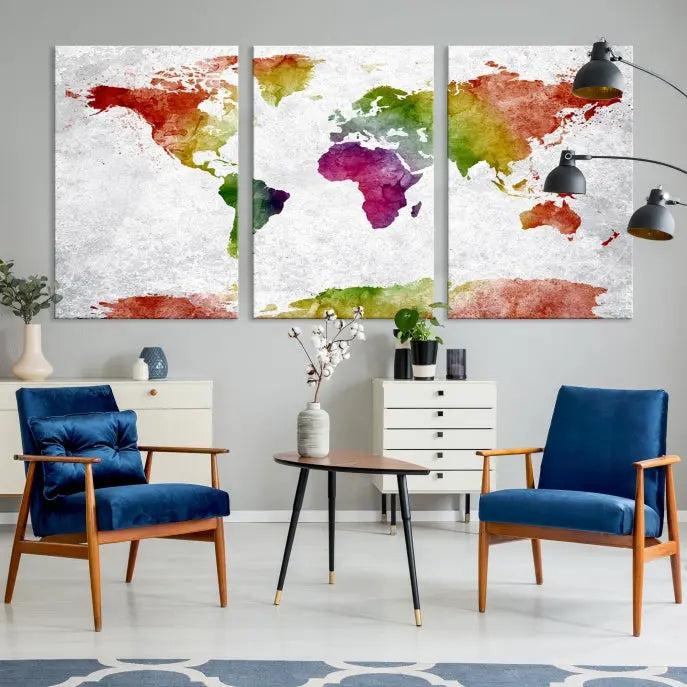 Watercolor World Map Wall Art Canvas Print 