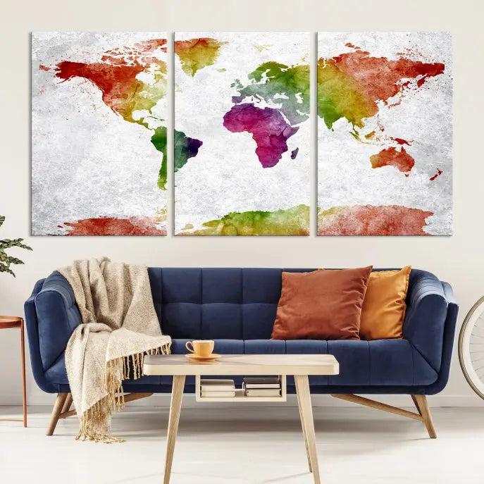 Watercolor World Map Wall Art Canvas Print 