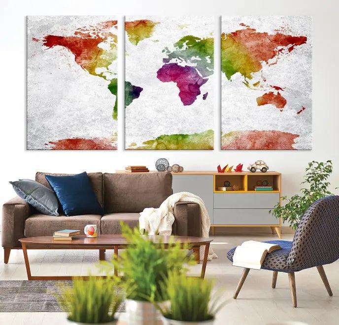 Watercolor World Map Wall Art Canvas Print 