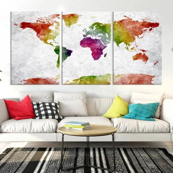 Watercolor World Map Wall Art Canvas Print 