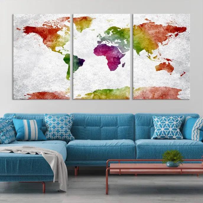 Watercolor World Map Wall Art Canvas Print 