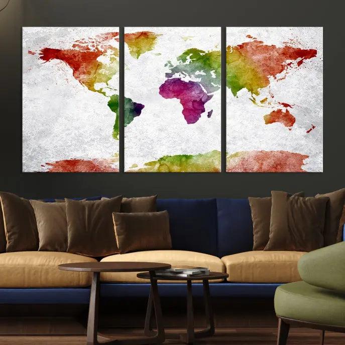 Watercolor World Map Wall Art Canvas Print 