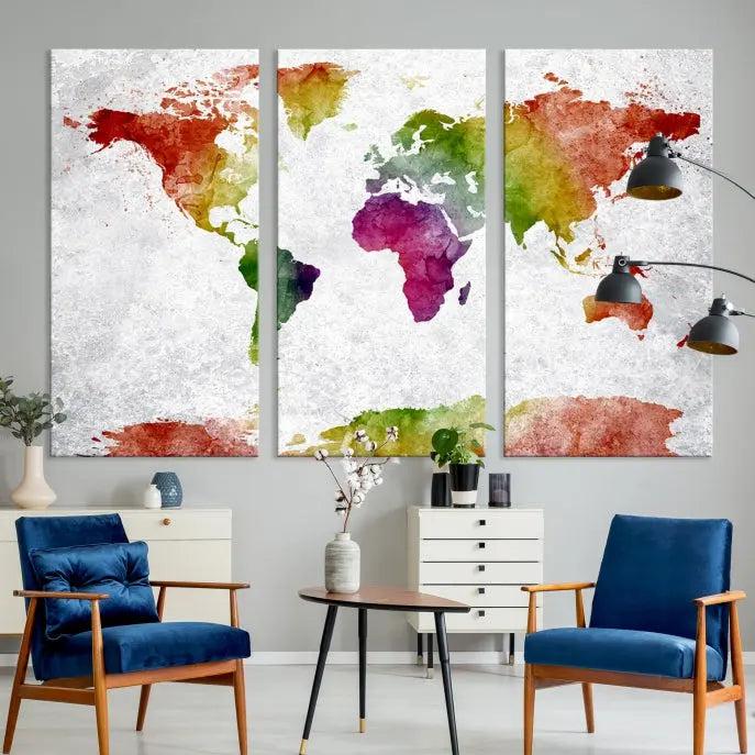 Watercolor World Map Wall Art Canvas Print 