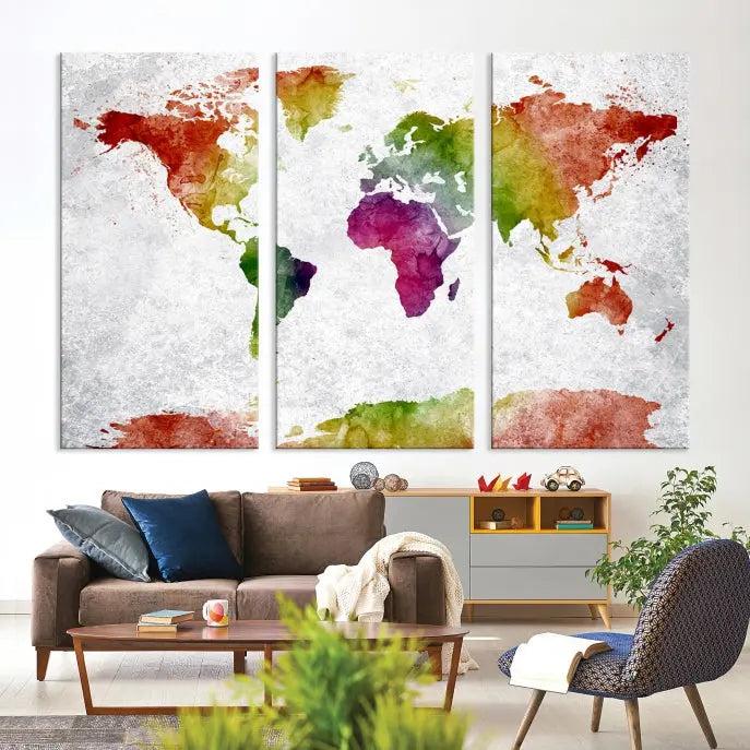 Watercolor World Map Wall Art Canvas Print 