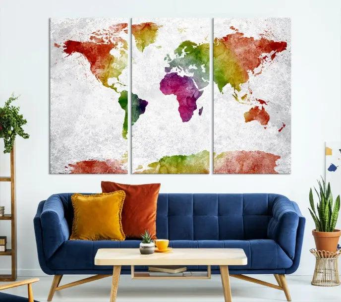 Watercolor World Map Wall Art Canvas Print 