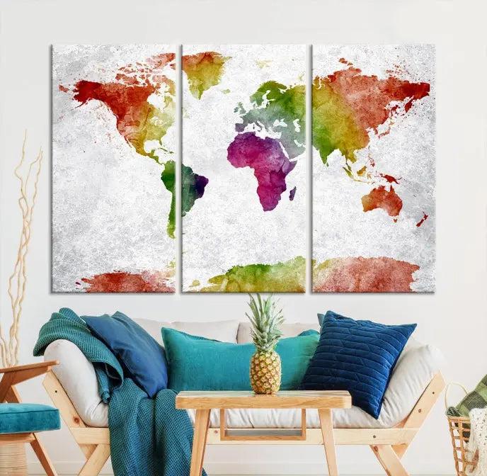 Watercolor World Map Wall Art Canvas Print 