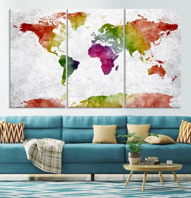 Watercolor World Map Wall Art Canvas Print 