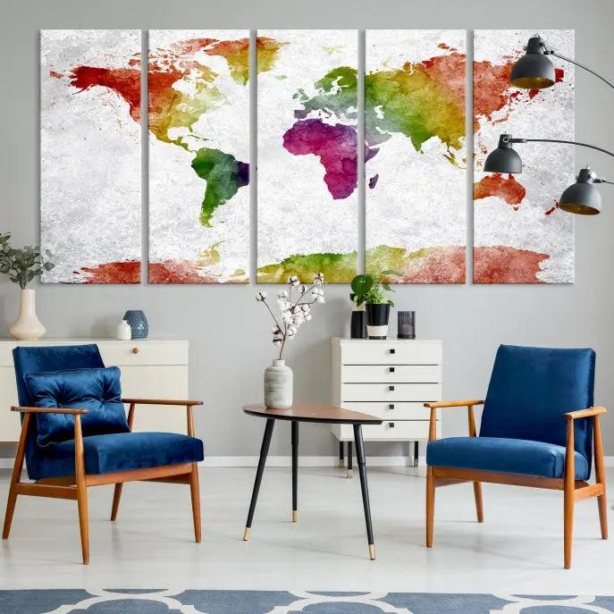 Watercolor World Map Wall Art Canvas Print 