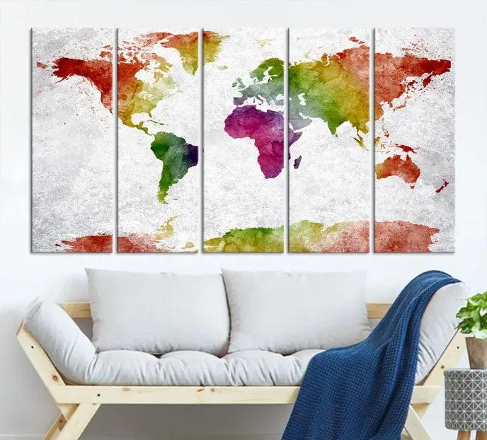 Watercolor World Map Wall Art Canvas Print 