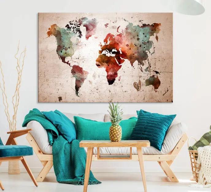 The living room features the Watercolor World Map Wall Art Canvas Print on gallery-wrapped, museum-quality canvases. Its UV-protective coating ensures the artwork's lasting vibrancy.